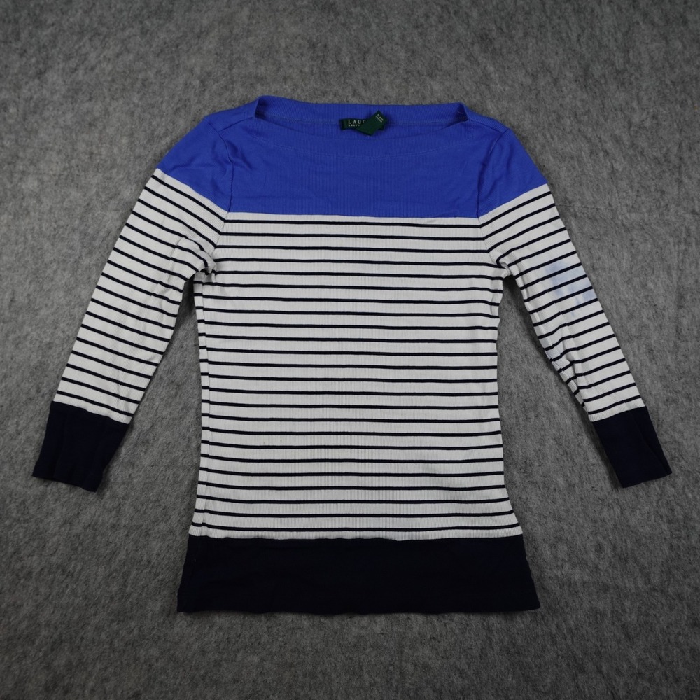 Ralph Lauren Top Women Large Blue Striped Boatneck Ribbed Knit Lace Up Hem